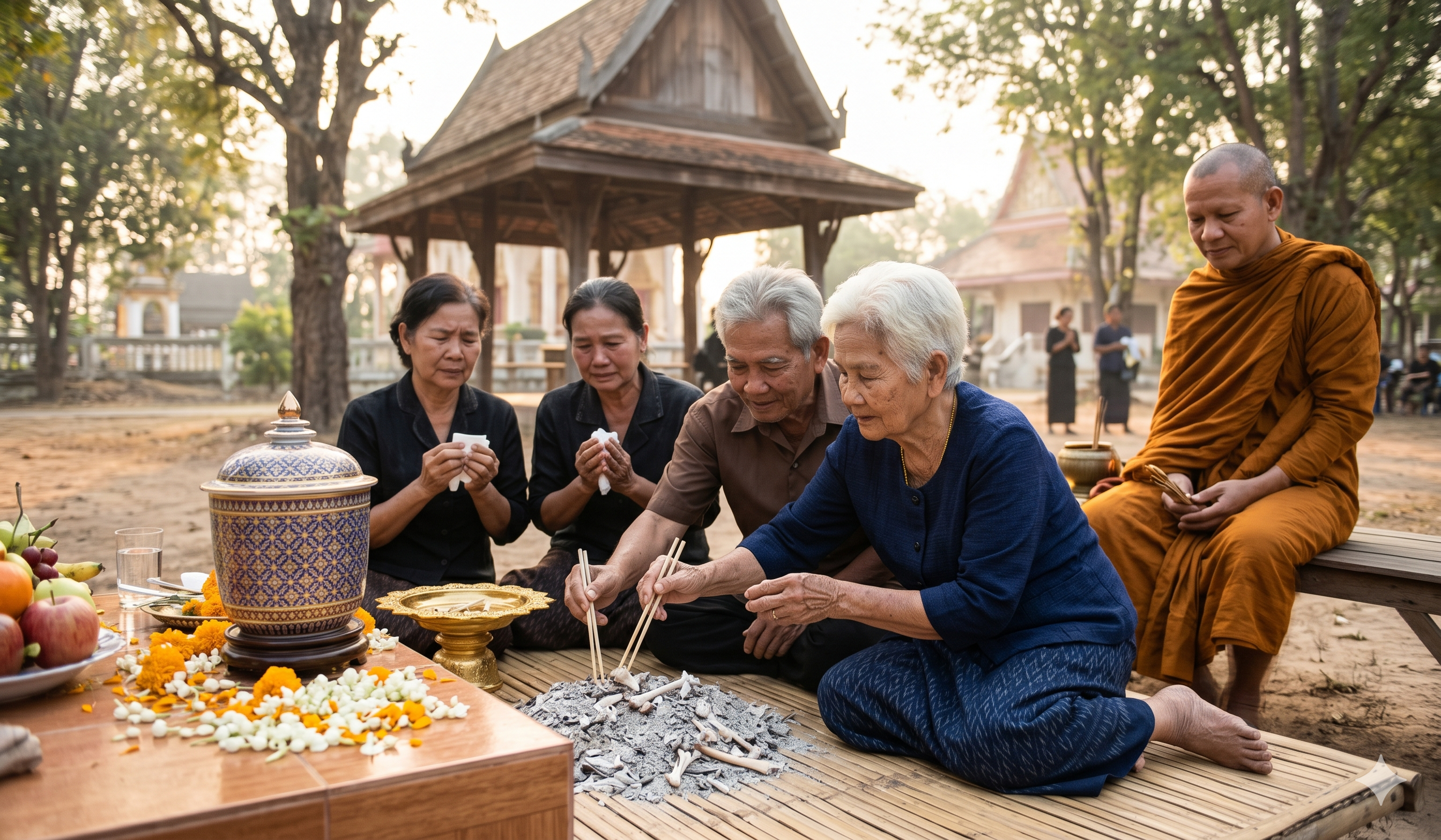 Thai family gathering ashes and bones after cremation ceremony