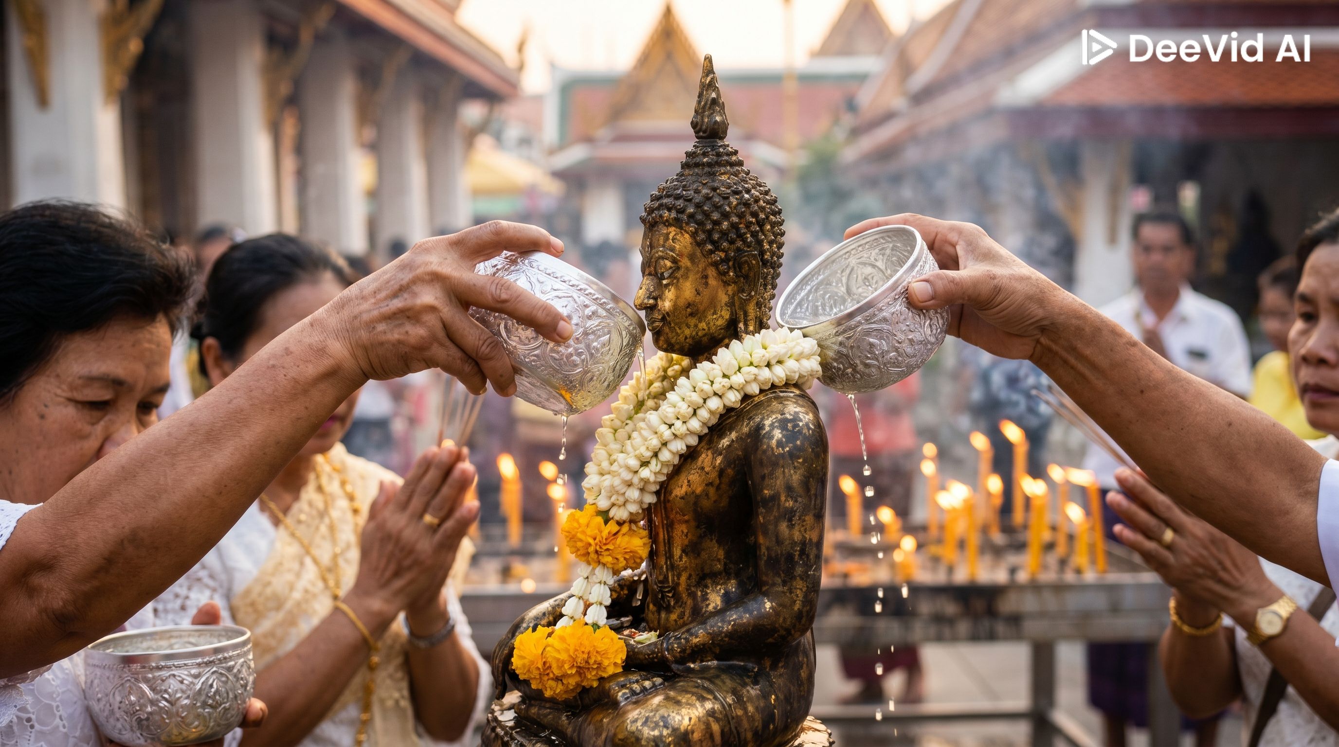 Devotees pouring scented water over a Buddha image at a Thai temple during Songkran