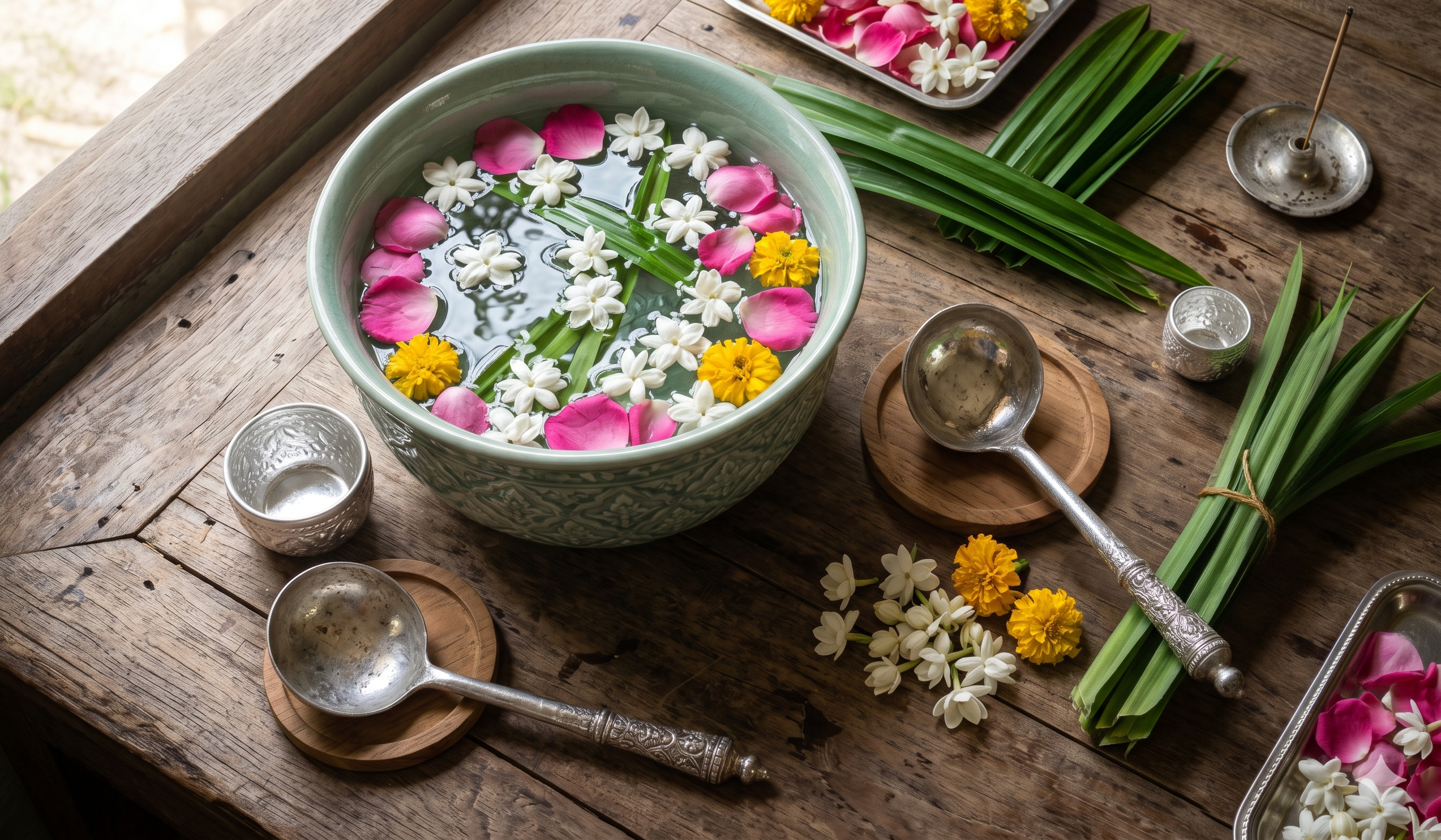 Bowls of scented water with jasmine and rose petals prepared for Songkran Buddha bathing ceremony