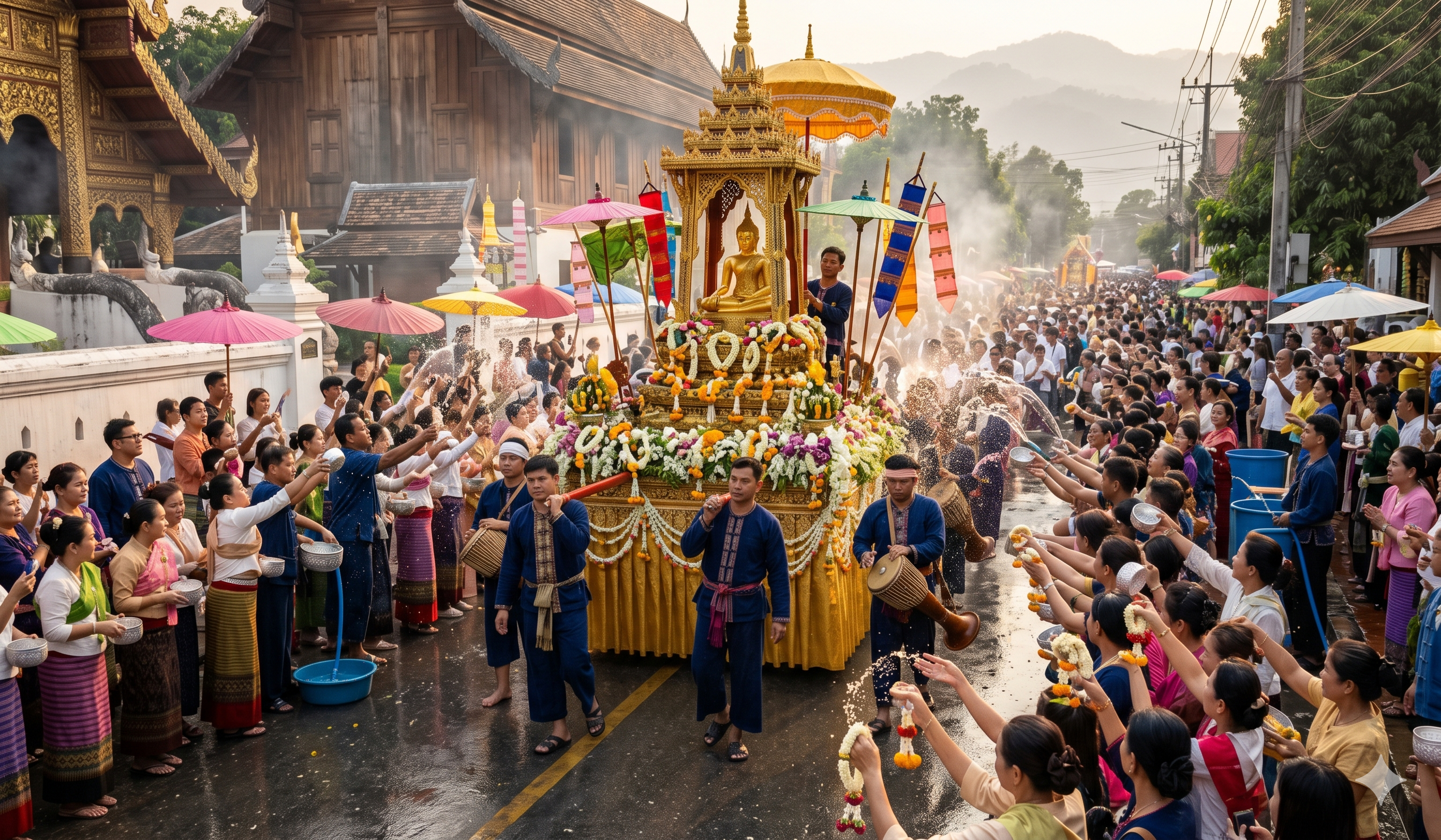 Phra Buddha Sihing image being carried in procession through Chiang Mai during Songkran