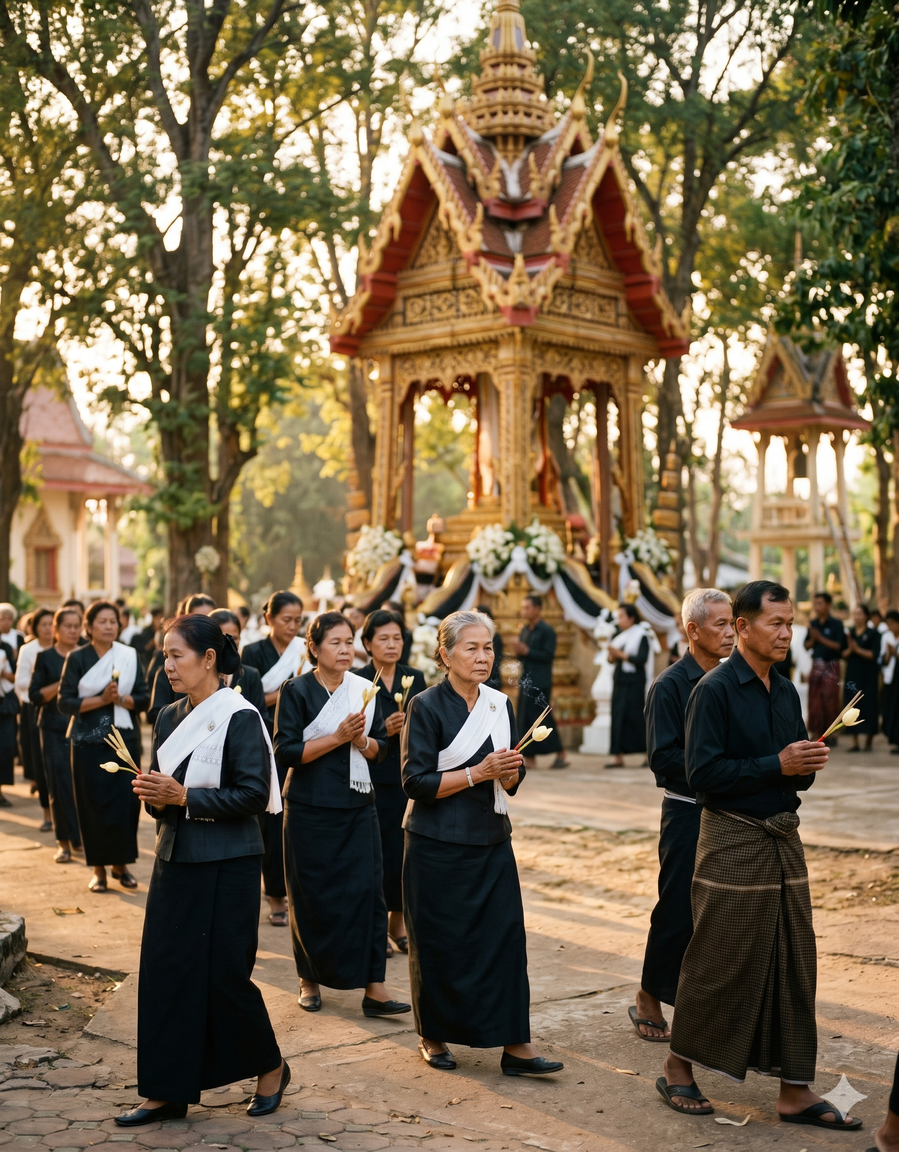Mourners offering sandalwood flowers at a Thai cremation ceremony