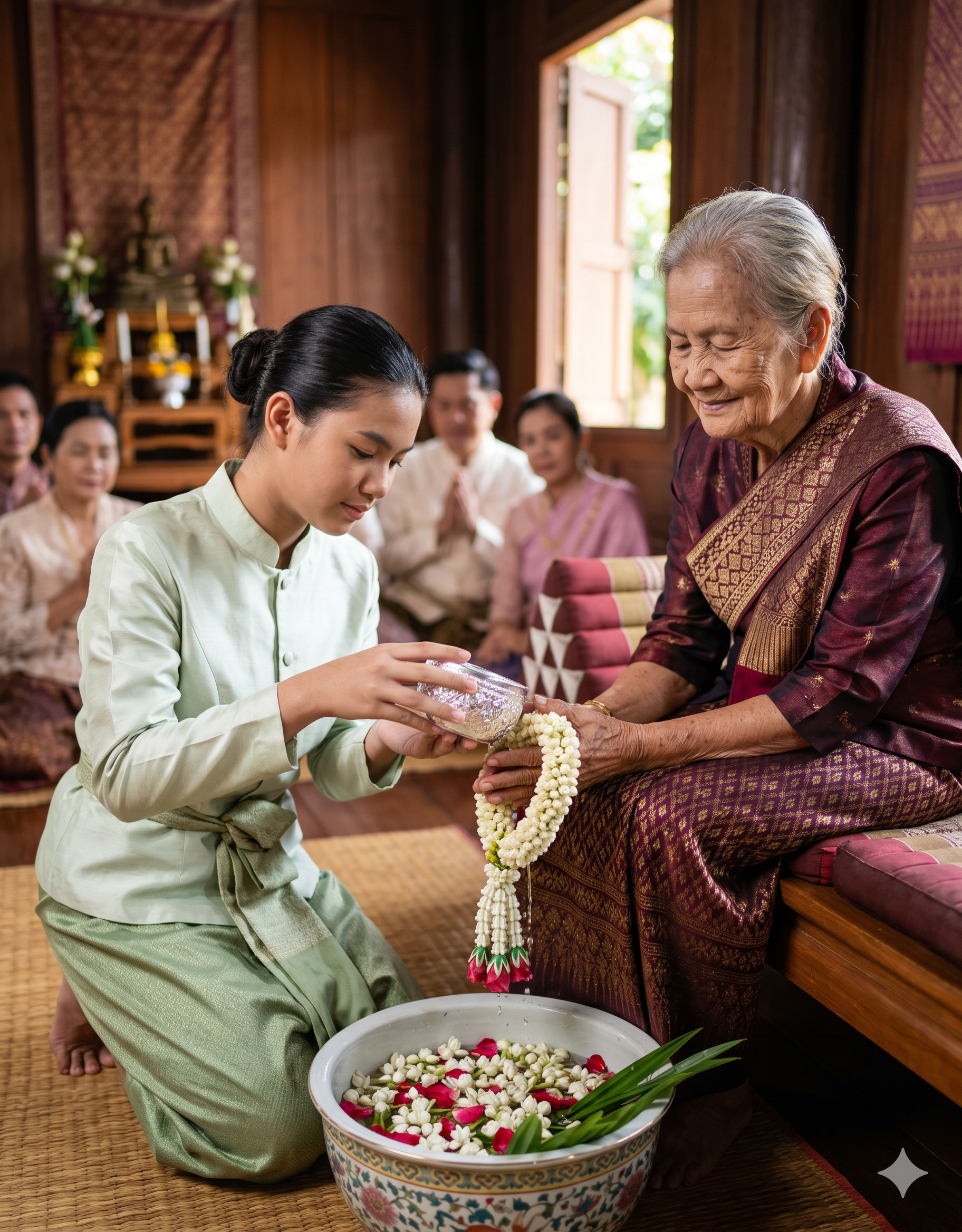 Devotee pouring water from a silver bowl over a Buddha image during Songkran ceremony